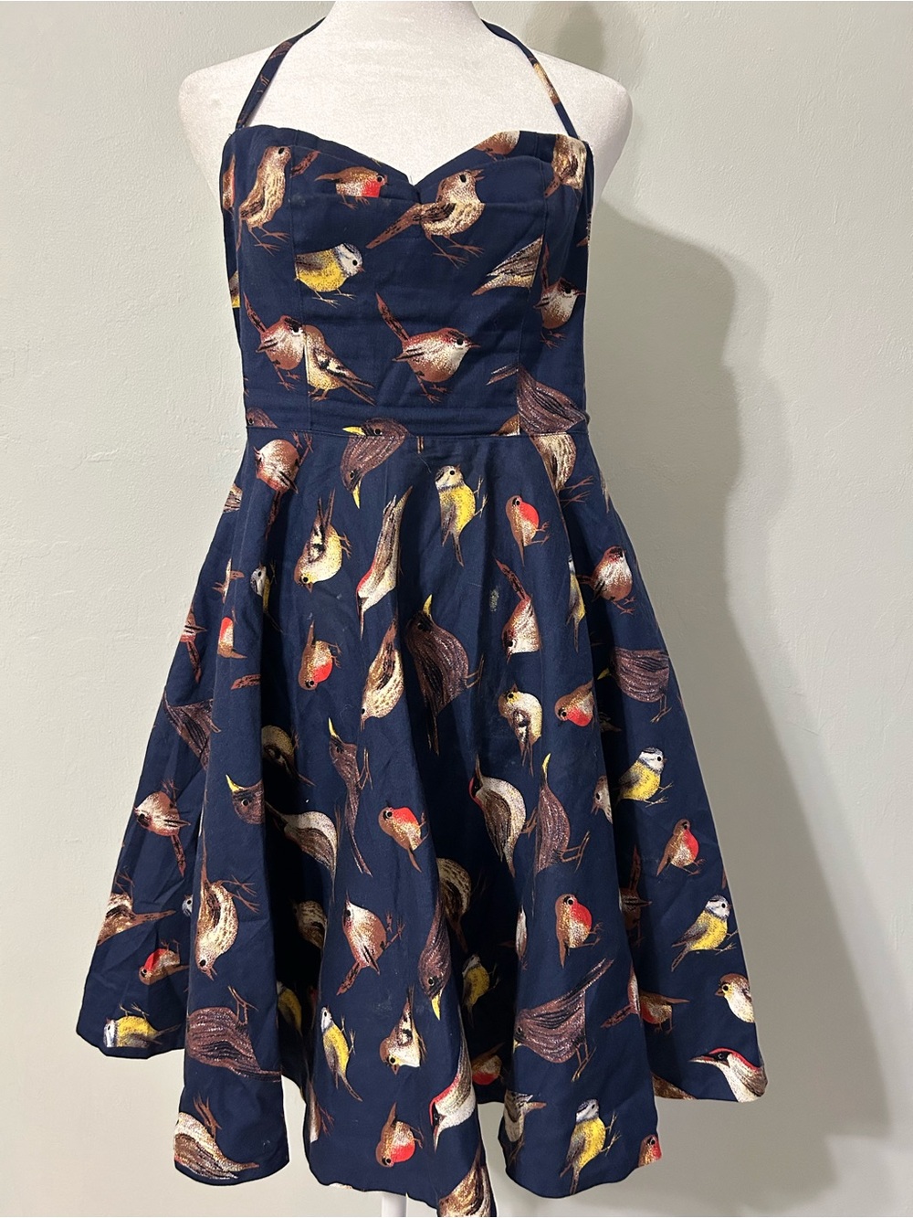 50s GK Navy Halter Fit-and-Flare Dress with Multicolor Bird Print